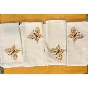 Napkins 1888 Mills White Butterfly Embroidered Beads Set/4 Fairy Boho Artsy FLAW